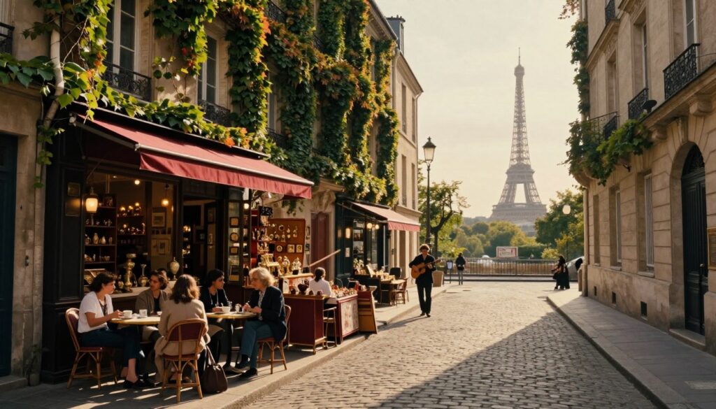 A hidden gem in a historic Paris quarter, featuring a quaint cobblestone street lined with charming, ivy-covered buildings. In the foreground, a small café terrace with patrons enjoying their coffee, dressed in stylish yet modest attire, adds a lively touch. The middle ground reveals a vibrant artisan shop showcasing unique handicrafts and antiques, while a street musician plays softly, adding to the ambiance. In the background, the silhouette of the iconic Parisian skyline with a glimpse of the Eiffel Tower emerges through the warm, golden hour lighting. Capture the essence of Paris with highly detailed textures, focusing on the play of shadows and light, evoking a sense of nostalgia and curiosity. The composition should have a cinematic feel, in 8k resolution for maximal clarity and beauty.