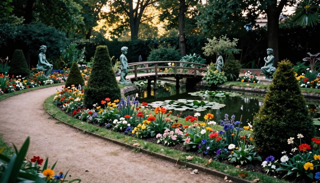 A hidden gem park in Paris, showcasing an enchanting, lush garden with unique sculptures and rare flowers. In the foreground, a winding path leads to a vibrant flowerbed, surrounded by whimsical topiary in varying shapes. The middle ground features a serene pond with lily pads and a small rustic wooden bridge, creating a peaceful atmosphere. The background reveals softly lit trees casting dappled sunlight, enhancing the inviting air. Capture this scene with a raw photograph style, using cinematic lighting to highlight textures and colors. The image should be shot from a low angle to emphasize the depth of the space, with an 8k resolution for extraordinary detail. Convey a tranquil, mysterious mood that invites exploration of these uncommon parks and gardens.