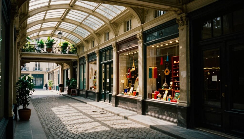 A hidden passage in Paris, showcasing a beautifully restored covered arcade. In the foreground, elegant cobblestone walkways lead through a series of arched glass skylights that filter soft, golden natural light, casting intricate shadows on the floor. The middle features quaint boutique windows brimming with colorful displays of local artisan wares and vintage treasures, inviting exploration. In the background, the passage opens up to graceful architectural details, with lush greenery peeking through ornamental wrought-iron railings. The overall scene captures a serene, inviting atmosphere, perfect for leisurely strolls. The image should have a raw photographic quality, enhanced by cinematic lighting to highlight the textures and charm of the passages, rendered in 8k resolution. A hidden passage in Paris, showcasing a beautifully restored covered arcade. In the foreground, elegant cobblestone walkways lead through a series of arched glass skylights that filter soft, golden natural light, casting intricate shadows on the floor. The middle features quaint boutique windows brimming with colorful displays of local artisan wares and vintage treasures, inviting exploration. In the background, the passage opens up to graceful architectural details, with lush greenery peeking through ornamental wrought-iron railings. The overall scene captures a serene, inviting atmosphere, perfect for leisurely strolls. The image should have a raw photographic quality, enhanced by cinematic lighting to highlight the textures and charm of the passages, rendered in 8k resolution.