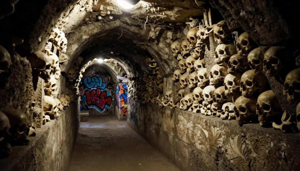 A hidden underground catacomb scene in Paris, featuring intricately arranged skulls and bones along the walls, with soft, cinematic lighting casting eerie shadows. In the foreground, a narrow stone passageway leads deeper into the catacombs, while faint hints of urban art graffiti are visible in the middle ground, showcasing vibrant colors contrasting with the ancient stone. The background reveals a dimly lit archway that hints at more secret spaces beyond. The atmosphere should be mysterious and slightly unsettling, evoking a sense of exploration and discovery. Capture the textures of the stones and the allure of hidden Paris in stunning 8k resolution, ensuring all elements are highly detailed and cohesive.