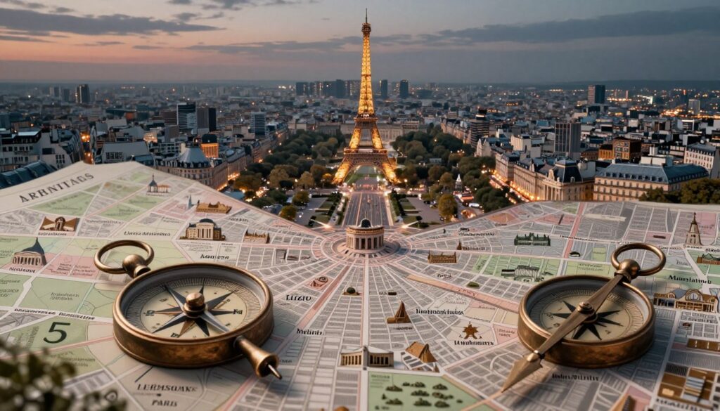 A highly detailed map of Paris arranged in sections, showcasing the various arrondissements, with notable historic landmarks highlighted. In the foreground, a pair of elegantly designed compass and directional arrows to symbolize navigation, crafted in bronze. The middle layer displays the intricate streets, outlined in soft pastel colors, with famous attractions like the Eiffel Tower and Louvre illuminated softly by cinematic lighting, inviting exploration. The background features a gentle skyline of Paris with a twilight sky, creating an atmosphere of mystery and adventure. The overall image should exhibit a polished and professional aesthetic, designed for an article on tourism, displayed in rich 8k resolution for clarity and depth.