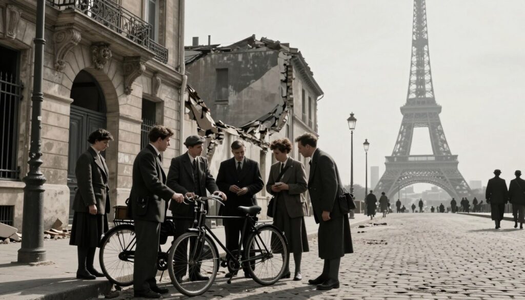 A historic scene in Paris during WWII, capturing a poignant moment in time. Foreground includes a group of civilians in professional attire huddled near a vintage bicycle, discussing the war on a cobblestone street, with somber expressions reflecting the weight of the era. The middle ground features a partially destroyed building, its architecture showcasing the mix of classical Parisian style and wartime decay. Background displays the iconic silhouette of the Eiffel Tower, slightly shrouded in mist, hinting at the memory of a city under struggle. Soft, cinematic lighting enhances the mood, with shadows casting over the rubble, evoking feelings of resilience and reflection. The image is richly detailed and rendered in 8k resolution, inviting viewers to explore Paris's layered history during WWII.