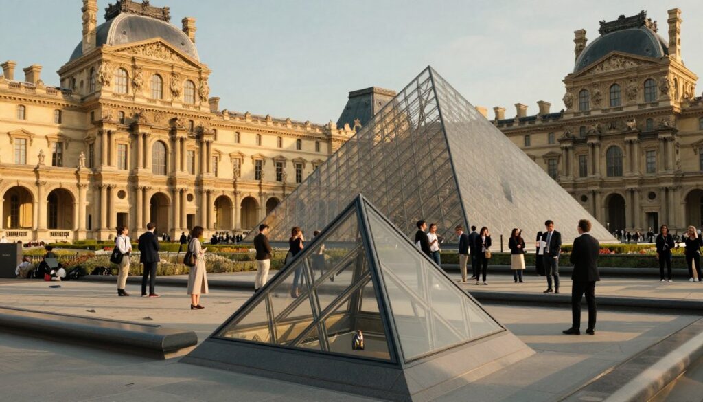 A hyperrealistic image of the Louvre Museum, featuring the iconic glass pyramid entrance in the foreground, surrounded by meticulous detail of the stone architecture. In the middle ground, visitors admire various artworks, with a diverse group of people in professional business attire, engaging with their surroundings. The background showcases the historically rich Louvre building and the richly landscaped gardens. The lighting captures the golden hues of sunset, casting dramatic shadows and highlighting intricate textures, while the scene is shot with a 35mm fast prime lens for a crisp, engaging focus. The atmosphere is vibrant yet serene, inviting viewers to explore the museum's cultural treasures beyond the Mona Lisa.