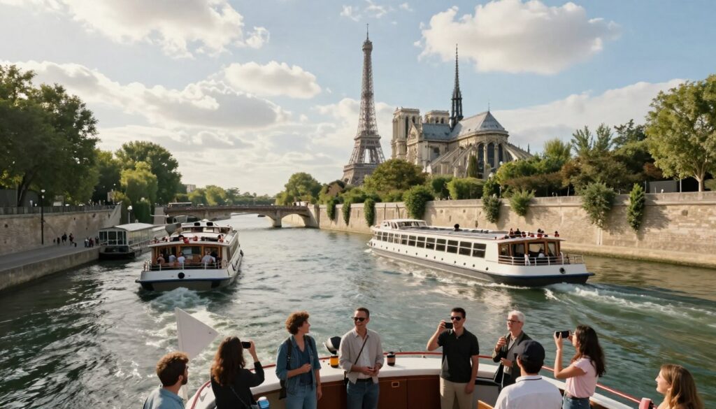 A hyperrealistic scene of a Seine River cruise showcasing elegant passenger boats gently gliding on the shimmering water, with lush green trees lining the riverbanks. In the foreground, a cheerful group of diverse tourists dressed in modest casual clothing is enjoying the view from the deck, taking photos and marveling at the surroundings. The middle ground features iconic Parisian landmarks like the Eiffel Tower and Notre-Dame Cathedral, partially shrouded in soft morning sunlight. In the background, a blue sky dotted with fluffy white clouds adds depth to the serene atmosphere. Capture the scene using a 35mm fast prime lens to emphasize the vivid colors and textures, while maintaining a calm and inviting mood that conveys the leisure and charm of this unique experience.