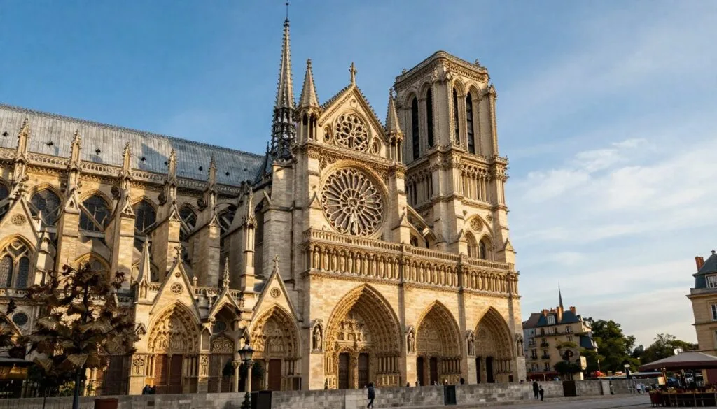 Fijery tena izy ny Katedralin'i Notre-Dame, mampiseho ny maritrano Gotika mahavariana misy sary sokitra vato saro-takarina sy tohana manidina eo anoloana. Ny eo afovoany dia ahitana ny varavarankely raozy malaza sy ireo tilikambo mirenty izay mivelatra mankany amin'ny lanitra manga mamirapiratra. Ao ambadika, hita ny soritra ara-tantaran'ny Île de la Cité, anisan'izany ny arabe vita amin'ny vatolampy sy ny topimaso kely amin'ireo kafe eo akaiky eo. Hazavain'ny jiro mafana sy volamena ny toerana, ka mamorona fifanoherana mahavariana eo amin'ireo aloka sy ireo zava-nisongadina. Alaivo sary an-tsaina ity fotoana mahafinaritra ity amin'ny alalan'ny fakantsary haingana 35mm, mifantoka amin'ny antsipirian'ny katedraly sady mitazona ny fiantraikany bokeh malefaka amin'ny manodidina. Ampitao ny fahatsapana fahagagana sy fanajana izay maneho ny lanjan'ny toerana ara-tantara.