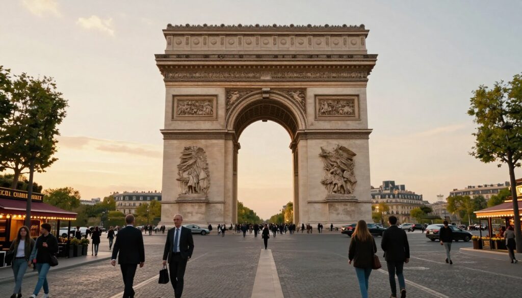 A hyperrealistic view of the Arc de Triomphe, situated at the center of a bustling Champs-Élysées, showcasing the monument's intricate sculptures and grand archway in the foreground. Surrounding the Arc are elegantly dressed pedestrians in professional attire and modest casual clothing, contributing to the vibrant city atmosphere. In the middle ground, the famous avenue is lined with charming Parisian cafes and luxury boutiques, under a twilight sky that casts warm golden hues on the scene. The background features the iconic Paris skyline with soft, blurred outlines of classic architecture and distant trees, captured using a 35mm fast prime lens to create a sense of depth. The mood is lively yet serene, inviting viewers to experience a moment of Parisian charm and elegance.