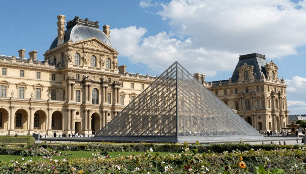 A hyperrealistic view of the Louvre Museum, showcasing its iconic glass pyramid entrance surrounded by the lush Tuileries Garden in the foreground. In the middle, the majestic historic palace of the Louvre with its intricate architecture and grand arches, capturing the essence of French classical design. The background features a clear blue sky with soft, fluffy clouds, accentuating the architectural beauty. The scene is illuminated by bright, natural sunlight, creating striking contrasts and shadows, while a 35mm fast prime lens captures the dynamic details and vibrant colors. The mood is inviting and awe-inspiring, reflecting the rich cultural heritage and the allure of the museum's remarkable collection beyond the Mona Lisa.