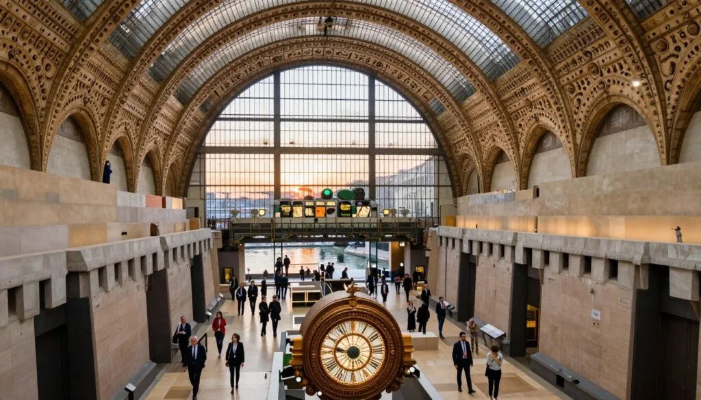 Fijery tena izy ny Musée d'Orsay, mampiseho ny maritrano mahavariana, izay gara Beaux-Arts tany am-boalohany. Eo aloha, dia hita ny endriky ny famantaranandro malaza, voahodidin'ny mpitsidika mankafy ny ao anatiny mahavariana, manao akanjo matihanina. Ny eo afovoany dia mampiseho ny efitrano lehibe lehibe miaraka amin'ny tafo fitaratra misy alokaloka, feno hazavana voajanahary miditra, manasongadina ireo sangan'asa Impressionista malaza eo amin'ny rindrina. Ao ambadika, ny Reniranon'i Seine dia maneho ny loko malefaka amin'ny masoandro amin'ny hariva, mamoaka hazavana mafana eo amin'ny rindrin'ny tranombakoka. Ny rivo-piainana dia maka ny maha-izy azy an'i Paris, mampifangaro ny aingam-panahy ara-javakanto amin'ny maritrano kanto, voaravaka amin'ny family 35mm haingana mba hanatsarana ny antsipiriany, mamorona sehatra manintona sy mavitrika.