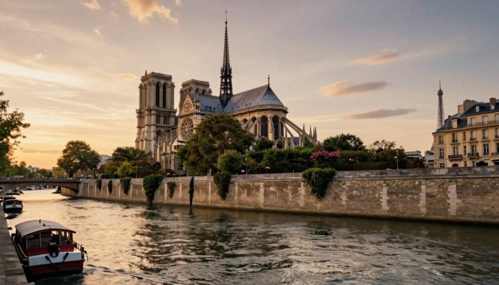 A hyperrealistic view of the Seine River, capturing the heart of Paris from a boat perspective. In the foreground, showcase gently rippling water glistening under the soft golden light of sunset, reflecting the warm hues of the sky. The middle ground features the iconic Île de la Cité, home to historical buildings like Notre-Dame Cathedral, framed by lush greenery and blooming flowers. In the background, the elegant skyline of Paris rises, including distant views of the Eiffel Tower. The scene is composed with a 35mm fast prime lens, emphasizing depth and detail. The overall mood is romantic and serene, evoking a sense of tranquility and the timeless charm of the city.