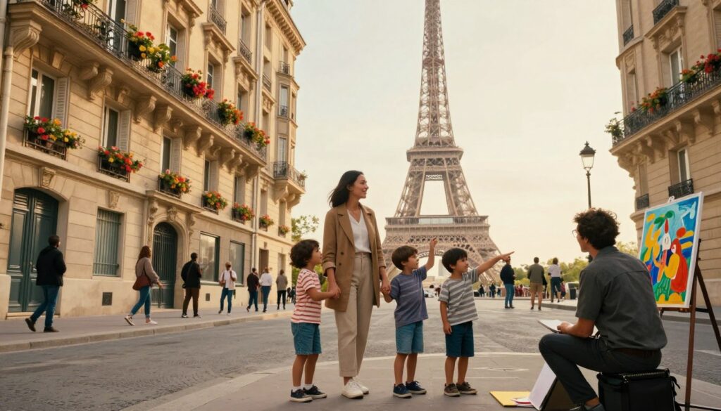 A joyful family of four exploring the enchanting streets of Paris, with the iconic Eiffel Tower in the background. The parents, dressed in stylish yet modest casual clothing, hold hands with their two children, who are happily pointing at a nearby street artist painting a vibrant scene. The foreground features charming Parisian architecture, with colorful flower boxes adorning the windows, while the middle ground captures street performers and tourists enjoying the lively atmosphere. Soft, golden hour lighting bathes the scene, creating a warm and inviting mood, while the perspective uses a slightly low angle to emphasize the grandeur of the Eiffel Tower in the distance. The image is a raw photograph, showcasing highly detailed textures in 8k resolution, evoking a sense of adventure and family bonding.
