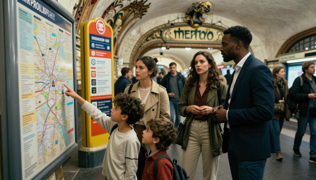 A lively scene depicting a family navigating the Paris metro with kids, showcasing a diverse family of four, including parents and two children, all dressed in modest casual clothing. In the foreground, the children are excitedly pointing at a metro map, while the parents engage with a friendly metro staff member. The middle ground features colorful metro signage and other commuters, capturing the vibrant atmosphere of Parisian transport. The background reveals the iconic Paris metro station architecture, with classic art nouveau design elements. The composition is illuminated with soft, cinematic lighting, emphasizing the textures of the station. The image is captured in 8k resolution, creating a highly detailed and inviting depiction of family-friendly public transportation in Paris.