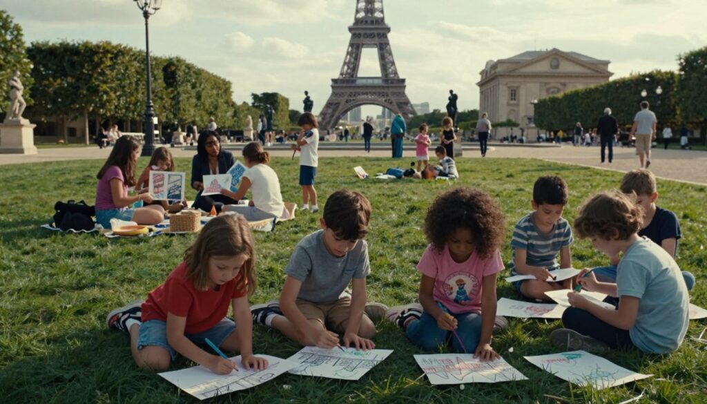 A lively scene in a Parisian park, showcasing children playing and engaging in cultural activities. In the foreground, a diverse group of children, dressed in colorful, modest clothing, are playing with art supplies, creating drawings inspired by famous Parisian landmarks. In the middle ground, families are seen enjoying a picnic, with parents discussing art and history while their kids explore nearby sculptures. The background features iconic Paris architecture, such as the Eiffel Tower and a small museum, bathed in soft, golden hour light. The atmosphere is joyful and vibrant, reflecting a perfect blend of culture and play. The image is captured in 8k resolution with cinematic lighting, highlighting the textures of the grass and the creativity of the children’s artwork.