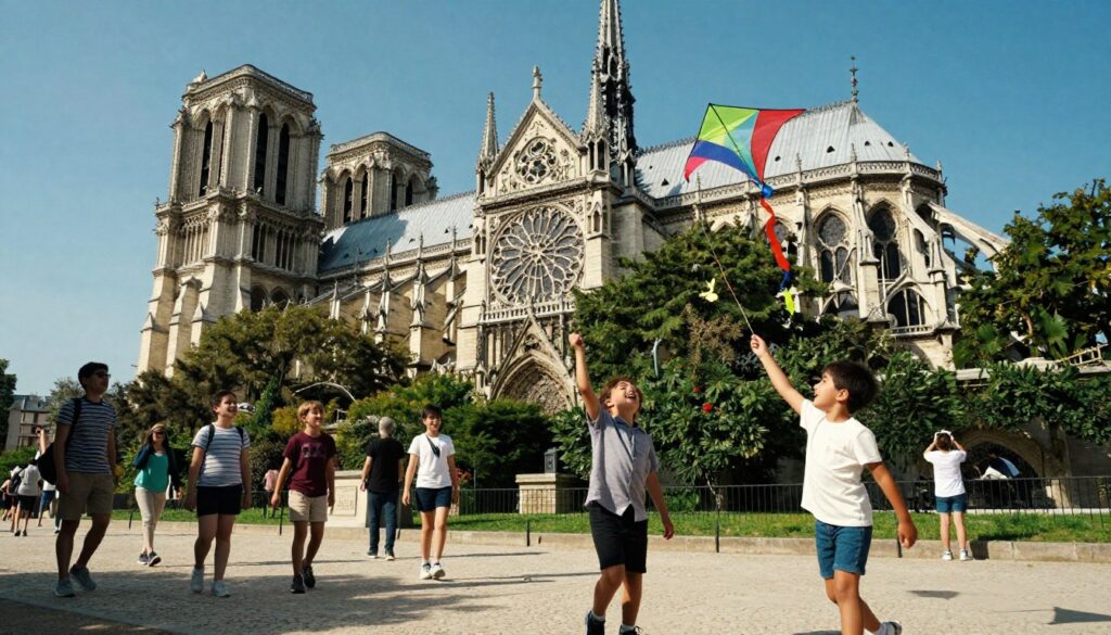 A lively scene in front of Notre Dame Cathedral, showcasing a group of children joyfully exploring the area, with two kids flying colorful kites in the foreground, dressed in casual, modest clothing. In the middle ground, families stroll together, admiring the intricate Gothic architecture and vibrant greenery of the surrounding gardens, while parents take pictures. The magnificent flying buttresses and ornate details of the cathedral loom in the background under a clear blue sky. The lighting is cinematic, casting soft shadows and illuminating the textures of the stone and the children's laughter. The composition captures a warm and inviting atmosphere, reflecting the joy of discovering this historic landmark. The image is realized in stunning 8k resolution, highlighting the vibrant colors and intricate details.