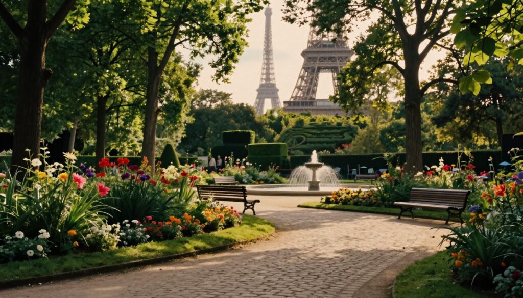 A lush, green park in the heart of Paris, featuring meticulously manicured gardens filled with vibrant flowers and towering trees. In the foreground, a cobblestone path meanders through the landscape, inviting visitors to explore. The middle ground showcases well-placed benches and a charming fountain, a perfect spot for relaxation. In the background, the iconic silhouette of the Eiffel Tower peeks through the foliage, bathed in warm, golden sunlight. The scene captures an inviting atmosphere, exuding tranquility and a sense of escape within the bustling city. Shot in high-resolution 8K, with dramatic cinematic lighting highlighting the textures of leaves and flowers, creating a serene yet captivating image that embodies nature’s presence in Paris.