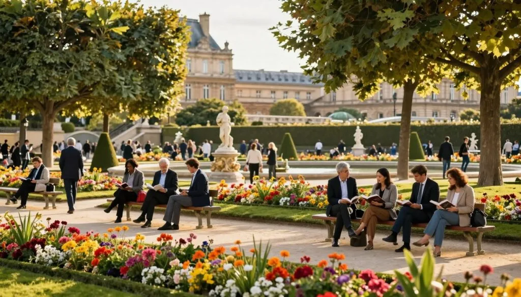 Sary maitso mavana sy marevaka ao amin'ny Jardin du Luxembourg any Paris, mampiseho fandriana voninkazo voakarakara tsara feno voninkazo miloko eo anoloana. Vondron'olona isan-karazany manao akanjo matihanina sy akanjo tsotra maotina no mivory eo amin'ny dabilio, miresaka sy mamaky teny milamina, ka mamorona rivo-piainana mavitrika. Eo afovoany, sary sokitra kilasika sy loharano voaravaka no voaravaka tsara tarehy amin'ny fefy voakarakara tsara sy lalana alokaloka misy hazo avo. Ny ambadika dia mampiseho ny maritrano Parisiana malaza, somary manjavozavo mba hanasongadinana ny hatsaran'ny zaridaina. Ny tara-masoandro volamena amin'ny tolakandro dia miditra amin'ny raviny, mamoaka aloka miparitaka ary manatsara ny toe-po mafana sy mahafinaritra. Nalaina sary tamin'ny fakantsary haingana 35mm mba handraisana an-tsary ireo antsipiriany madinika sy lalina.