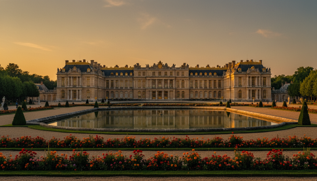 A majestic view of the Palace of Versailles, showcasing its grand façade adorned with intricate Baroque details and opulent gold accents. In the foreground, vibrant flower gardens in full bloom provide a splash of color, while symmetrical pathways lead to the palace entrance. The middle ground features the iconic reflecting pools that mirror the palace's splendor under a bright blue sky. In the background, lush green trees frame the scene, enhancing the sense of grandeur. The composition captures the palace at sunset, bathing it in warm, golden light that highlights the exquisite textures of the architecture. Shot with a wide-angle lens to emphasize the palace's scale, the photograph evokes a serene and regal atmosphere, inviting viewers to appreciate this historic gem of Paris. A majestic view of the Palace of Versailles, showcasing its grand façade adorned with intricate Baroque details and opulent gold accents. In the foreground, vibrant flower gardens in full bloom provide a splash of color, while symmetrical pathways lead to the palace entrance. The middle ground features the iconic reflecting pools that mirror the palace's splendor under a bright blue sky. In the background, lush green trees frame the scene, enhancing the sense of grandeur. The composition captures the palace at sunset, bathing it in warm, golden light that highlights the exquisite textures of the architecture. Shot with a wide-angle lens to emphasize the palace's scale, the photograph evokes a serene and regal atmosphere, inviting viewers to appreciate this historic gem of Paris.