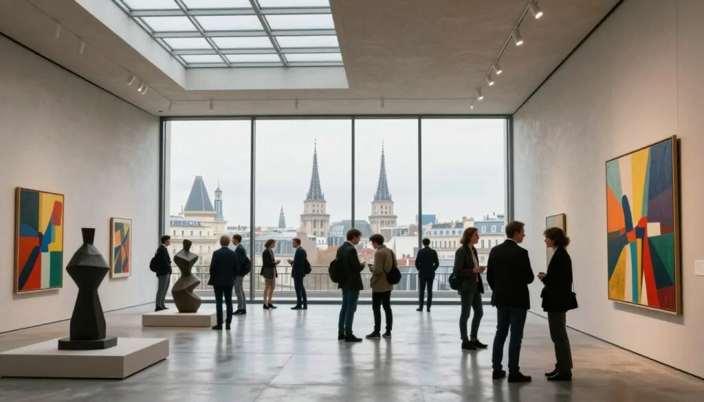 Intérieur d'un musée d'art moderne parisien, mettant en valeur des lignes architecturales épurées et un agencement spacieux et ouvert. Au premier plan, un sol en béton poli reflète la douce lumière tamisée des puits de lumière, illuminant des sculptures contemporaines et des peintures abstraites aux couleurs vibrantes. Au centre, des groupes de visiteurs en tenue professionnelle, absorbés par des discussions et contemplant les œuvres, expriment curiosité et admiration. À l'arrière-plan, des baies vitrées offrent une vue imprenable sur l'emblématique skyline parisienne, mêlant le paysage urbain historique à des éléments de design contemporains. La composition, avec ses textures ultra-détaillées en résolution 8K, se veut une invitation à l'innovation et au dynamisme culturel, offrant aux visiteurs une expérience artistique inspirante. Intérieur d'un musée d'art moderne parisien, mettant en valeur des lignes architecturales épurées et un agencement spacieux et ouvert. Au premier plan, un sol en béton poli reflète la douce lumière tamisée des puits de lumière, illuminant des sculptures contemporaines et des peintures abstraites aux couleurs vibrantes. Au centre, des groupes de visiteurs en tenue professionnelle, absorbés par des discussions et contemplant les œuvres, expriment curiosité et admiration. À l'arrière-plan, des baies vitrées offrent une vue imprenable sur l'emblématique skyline parisienne, mêlant le paysage urbain historique à des éléments de design contemporains. La composition, avec ses textures ultra-détaillées en résolution 8K, se veut une invitation à l'innovation et au dynamisme culturel, offrant aux visiteurs une expérience artistique inspirante.