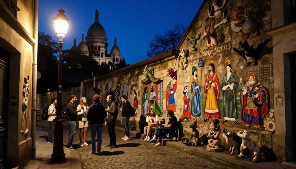 A mysterious Parisian alley at twilight, adorned with quirky street art and hidden sculptures, representing local legends and cultural oddities. In the foreground, a vintage lamppost casts a warm glow, illuminating a small gathering of people, dressed in modest casual clothing, sharing stories and laughter. In the middle, an old stone wall showcases vivid murals depicting mythical creatures and historical figures. In the background, the silhouette of Montmartre provides an enchanting backdrop against a deep blue sky speckled with stars. Cinematic lighting highlights the textural details of the cobblestone street, creating a whimsical yet intimate atmosphere. Shot with a wide-angle lens, capturing the vibrant life and stories that echo through the streets of Paris, in stunning 8k resolution.