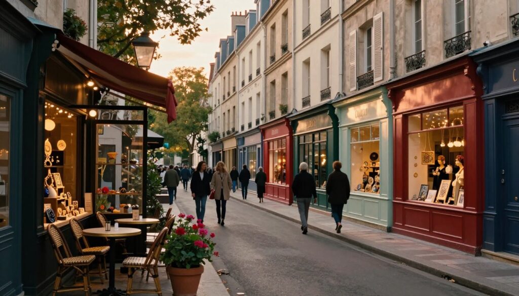 A narrow, charming street in Paris lined with unique boutiques, each showcasing colorful facades and artistic displays. In the foreground, a small café with outdoor seating invites passersby, while potted flowers add a touch of vibrancy. The middle ground features elegantly dressed shoppers exploring the shops, some peering into windows filled with handcrafted goods. In the background, quaint, historic architecture stretches upward, soft light filtering through trees lining the street, casting gentle shadows that enhance the atmosphere. Capture this scene with a cinematic lighting effect, emphasizing the warm hues of sunset. The composition should be highly detailed, focusing on textures of surfaces and materials, all rendered in 8k resolution to evoke a lively yet relaxed mood of Parisian life.