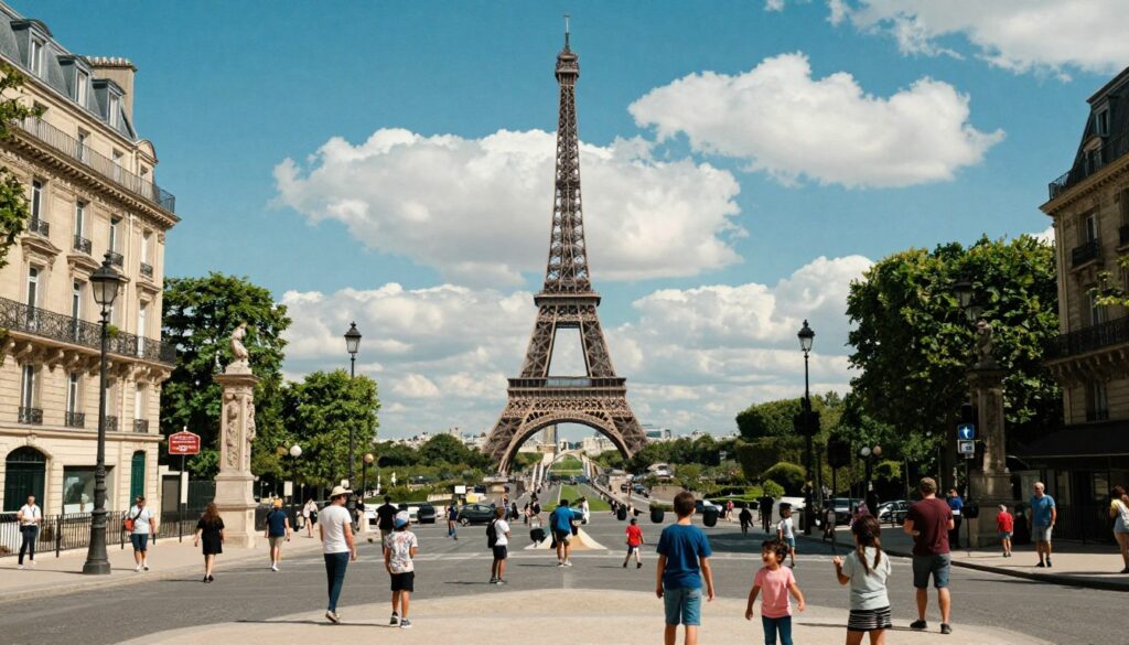 A panoramic view from the Arc de Triomphe overlooking the vibrant streets of Paris, featuring the iconic Eiffel Tower in the distance under a bright blue sky. In the foreground, include charming Parisian architecture and tree-lined avenues bustling with families enjoying a day out, capturing a sense of joy and adventure. The middle ground should highlight the majestic Eiffel Tower, partially obscured by playful clouds, juxtaposed against a lively scene with children laughing and playing. In the background, the cityscape glimmers with historic buildings, framed by lush greenery. Utilize cinematic lighting to enhance the texture of the scene, showcasing details in 8k resolution, evoking an atmosphere of wonder and excitement, perfect for families exploring the heart of the city.