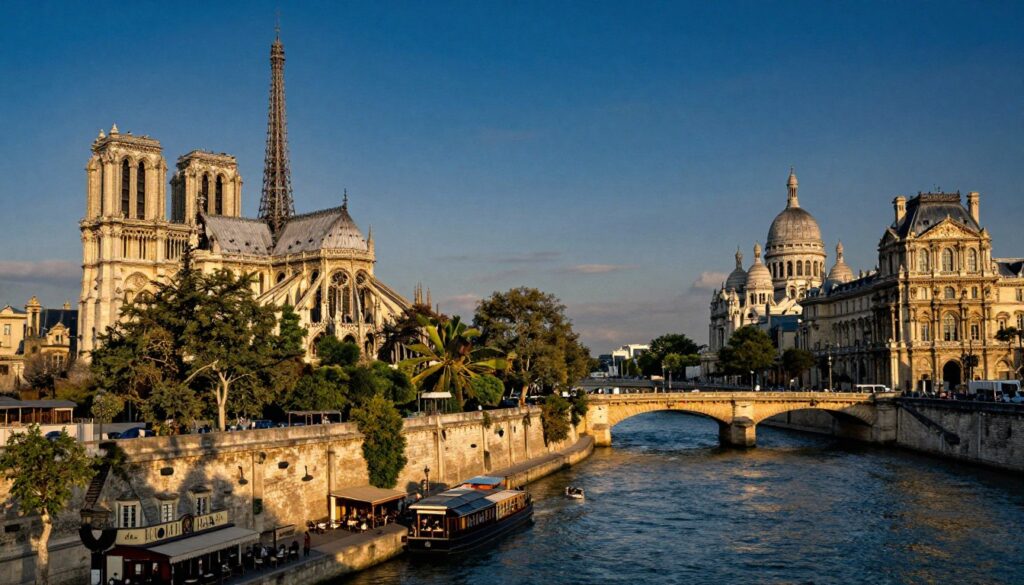 A panoramic view of Paris showcasing iconic landmarks including the Eiffel Tower, Notre-Dame Cathedral, and the Louvre Museum. In the foreground, lush trees and a charming street café line the Seine River, evoking a lively atmosphere. In the middle ground, the elegant architecture of Haussmannian buildings frames the scene, while the famous bridges like Pont Alexandre III gracefully arch over the water. In the background, the distant skyline features Montmartre and Sacré-Cœur, enhancing the city’s enchanting silhouette. The image captures the golden hour, casting soft, warm light across the city, creating stark contrast with the deepening blue of the evening sky. This highly detailed, raw photograph is rendered in 8k resolution, showcasing vibrant colors and intricate textures, inviting viewers to immerse themselves in the beauty of the City of Light.