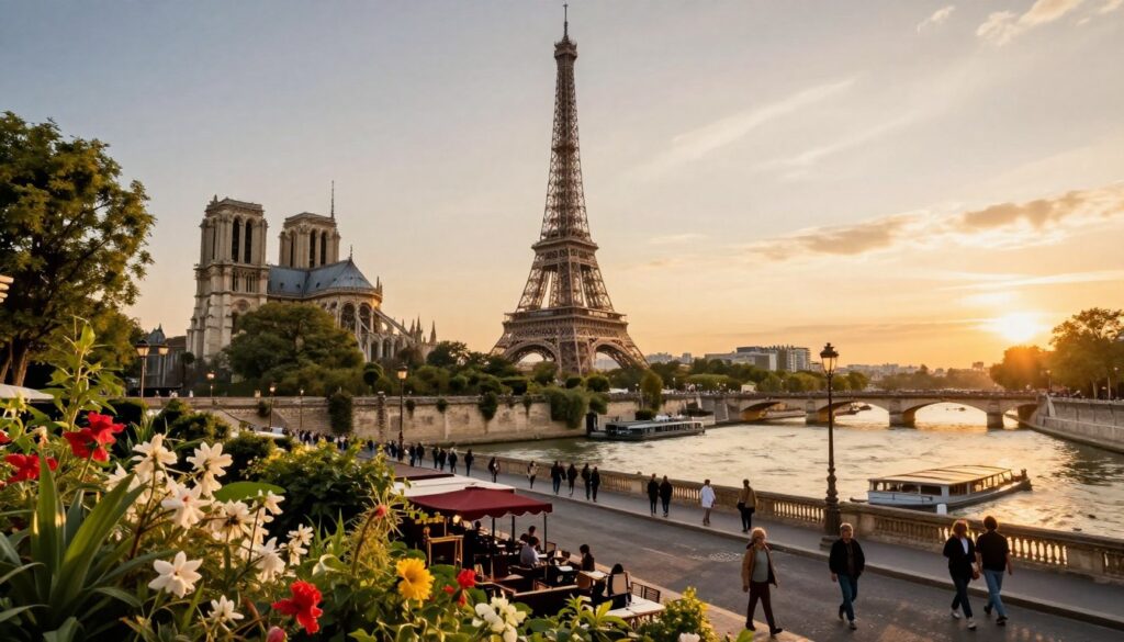 A panoramic view of Paris showcasing its major attractions during the golden hour. In the foreground, the iconic Eiffel Tower elegantly rises, surrounded by lush greenery and flowers blooming in vibrant colors. The middle ground features the historic Arch de Triomphe and the majestic Notre-Dame Cathedral, both bathed in warm sunlight, with charming Parisian streets lined with cafes and pedestrians casually strolling, dressed in modest casual clothing. In the background, the Seine River glimmers under the sunset, with bridges arching gracefully over its surface. The image captures a sense of wonder and exploration, embodying the romantic atmosphere of Paris, all rendered in hyperrealistic detail with a 35mm fast prime lens, emphasizing rich textures and contrasts in the lighting.