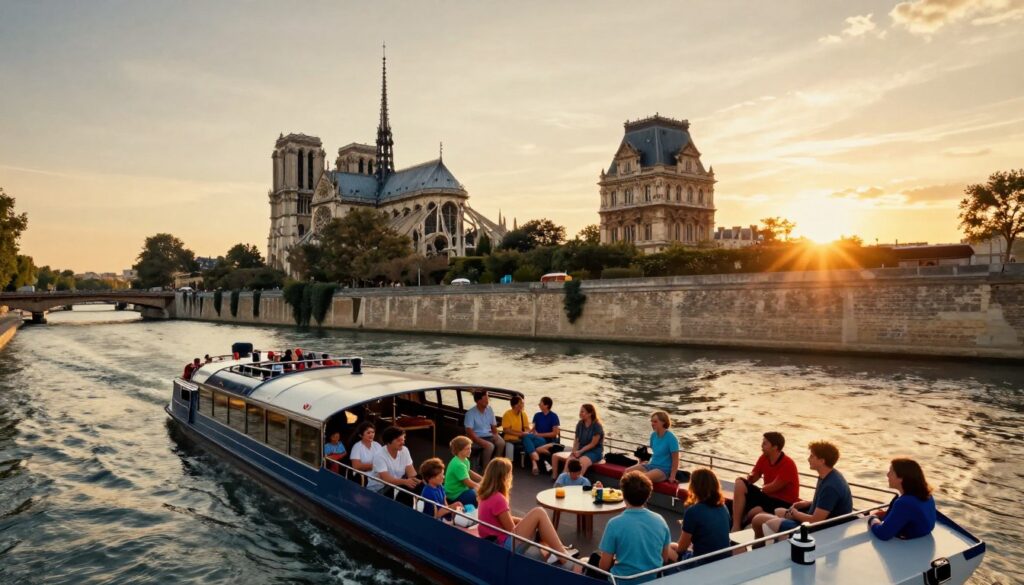 A panoramic view of a Batobus cruise gliding smoothly along the Seine River, showcasing vibrant family-friendly scenes. In the foreground, a cheerful family relaxes on the deck, engaging in joyful conversation, dressed in casual clothing. The mid-ground features the iconic architecture of Paris, with landmarks like Notre-Dame and the Louvre framed beautifully against the skyline. The background is a serene sunset, casting warm, golden light that reflects off the water, creating a tranquil atmosphere. Cinematic lighting enhances the scene, highlighting the textures of the boat and the riverside structures. The composition is captured with a wide-angle lens in 8k resolution, emphasizing the vibrant colors and inviting mood of a perfect day in Paris.