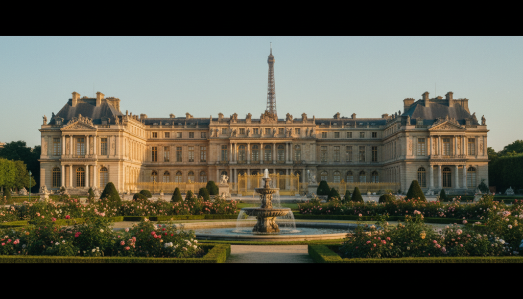 A panoramic view of historic palaces and estates in Paris, showcasing the intricate architecture and stunning gardens. In the foreground, a lush green garden with manicured hedges and colorful flower beds, leading to an ornate fountain. The middle ground features the grand façade of Château de Versailles, with its golden gates shimmering in the soft sunlight. In the background, the Eiffel Tower peeks through a hazy blue sky, adding depth to the scene. The image should capture the essence of Parisian elegance, with cinematic lighting accentuating the textures of the stone and greenery. Shot with a wide-angle lens for a sense of grandeur, in 8k resolution to highlight every detail. The overall atmosphere should be serene and inviting, evoking a sense of history and beauty. A panoramic view of historic palaces and estates in Paris, showcasing the intricate architecture and stunning gardens. In the foreground, a lush green garden with manicured hedges and colorful flower beds, leading to an ornate fountain. The middle ground features the grand façade of Château de Versailles, with its golden gates shimmering in the soft sunlight. In the background, the Eiffel Tower peeks through a hazy blue sky, adding depth to the scene. The image should capture the essence of Parisian elegance, with cinematic lighting accentuating the textures of the stone and greenery. Shot with a wide-angle lens for a sense of grandeur, in 8k resolution to highlight every detail. The overall atmosphere should be serene and inviting, evoking a sense of history and beauty.