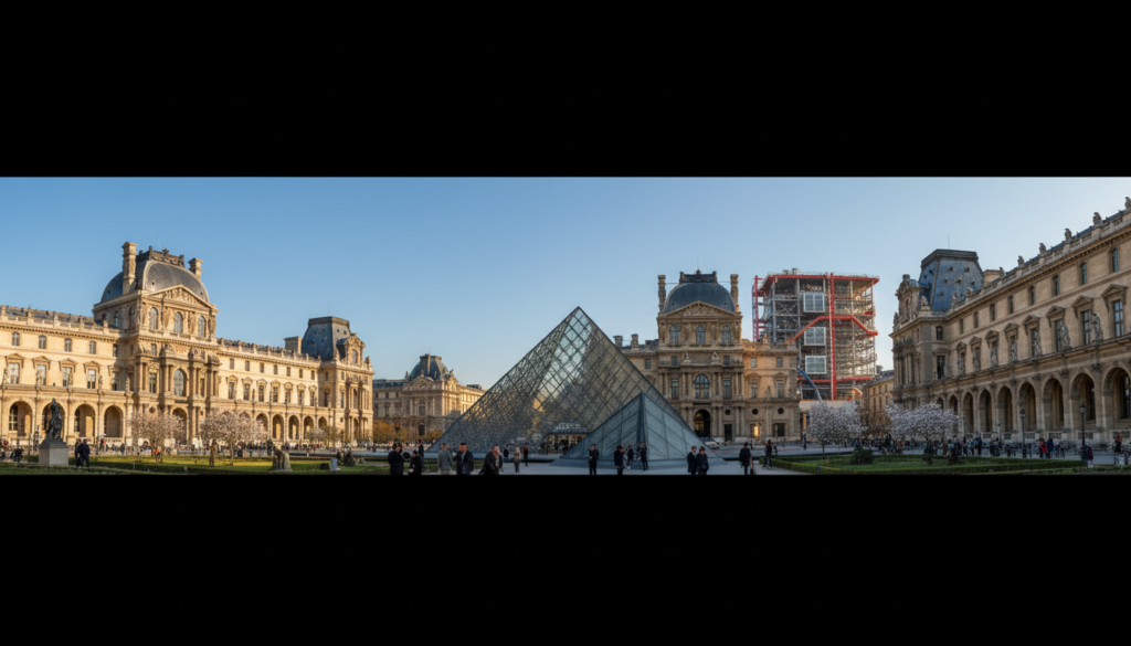 A panoramic view of iconic museums in Paris, showcasing the intricate architecture of the Louvre with its glass pyramid in the foreground, flanked by the Musée d'Orsay in elegant Beaux-Arts style, and the Centre Pompidou with its modern design and colorful exterior in the background. The scene is alive with visitors dressed in professional business attire and modest casual clothing, admiring the artworks and exploring the spaces. Soft cinematic lighting bathes the scene, creating depth and highlighting the textures of the buildings and the vibrancy of the surrounding gardens. The composition is shot from a low angle to emphasize the grandeur of the museums against a bright, clear sky, capturing the essence of cultural exploration and discovery. Raw photograph with highly detailed textures, 8k resolution.
