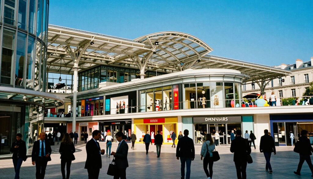 A panoramic view of the Forum des Halles shopping center in Paris, showcasing its modern architectural design with glass and steel elements. In the foreground, bustling people dressed in professional attire and casual clothing are shopping and interacting, adding life to the scene. The middle ground features a variety of retail stores with colorful signage and large windows displaying merchandise. The background highlights the iconic canopy structure, elegant lighting, and modern aesthetics of the center, framed by a clear blue sky. Cinematic lighting creates a vibrant atmosphere, emphasizing the textures of the building’s materials and the energy of shoppers. Capture this in a highly detailed, 8k resolution photograph, focusing on vivid colors and dynamic angles to reflect the lively and contemporary essence of Parisian malls.