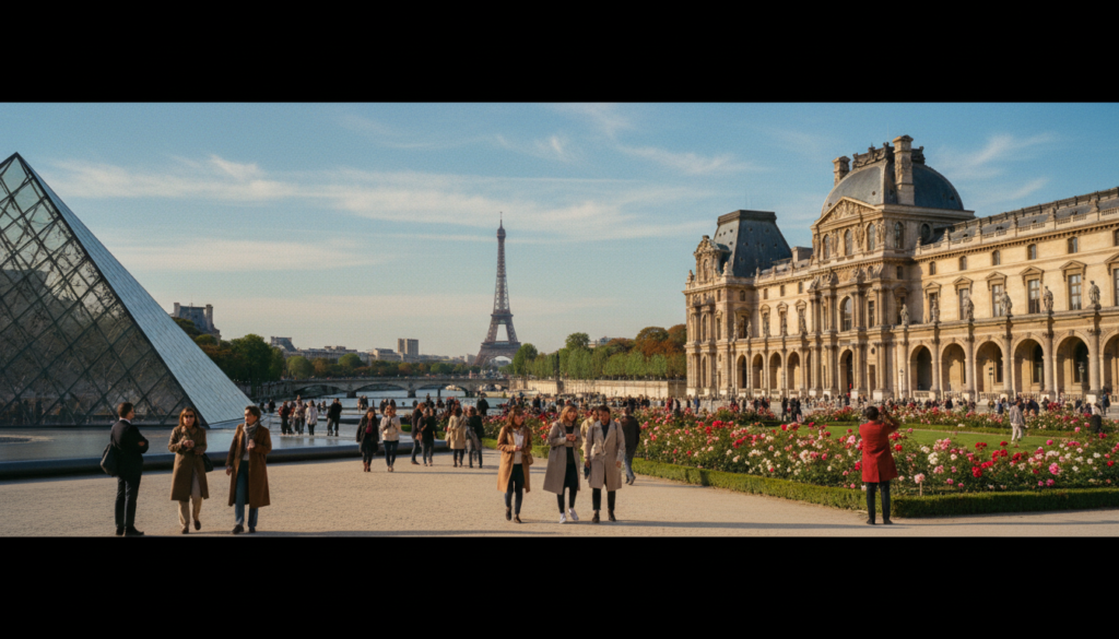 A panoramic view of world-famous museums in Paris, including the Louvre and Musée d'Orsay, captured in vibrant detail. In the foreground, the glass pyramid of the Louvre glistens under soft, cinematic lighting. To the right, the intricate architecture of Musée d'Orsay features its iconic clock tower, surrounded by lush green gardens blooming with flowers. The middle ground showcases pedestrians in professional and modest casual attire, enjoying the art and culture. The background features a clear blue sky with wispy clouds and the distant silhouette of the Eiffel Tower, creating an enchanting atmosphere. This captivating image is presented in 8k resolution, highlighting the intricate textures of the museum facades and the lively ambiance of Parisian life.