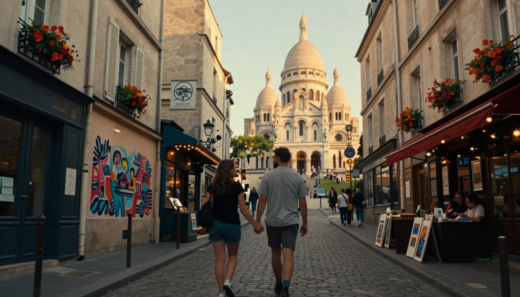 A picturesque Montmartre stroll captured in a raw photograph, featuring a couple in modest casual clothing enjoying their time together. In the foreground, the couple is walking hand-in-hand along a cobblestone street framed by charming cafes and artist stalls. The middle ground showcases vibrant street art and classic Parisian architecture, with colorful flowers in window boxes. The background displays the iconic Sacré-Cœur Basilica, bathed in warm, golden-hour lighting that enhances the romantic atmosphere. The scene is infused with cinematic lighting and highly detailed textures, creating a palpable sense of intimacy and charm. The perspective is slightly elevated, capturing the bustling life of Montmartre, all in stunning 8k resolution.
