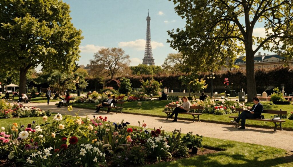 A picturesque Paris park garden in springtime, lush with vibrant flowers and greenery. In the foreground, a neatly manicured lawn with people in modest casual clothing relaxing on benches, some reading books. In the middle layer, an elegant stone path winds through blooming flowerbeds, with towering trees providing dappled shade. In the background, the iconic silhouette of the Eiffel Tower peeks through the trees, under a clear blue sky. The scene is bathed in warm, golden hour lighting, creating a serene and inviting atmosphere. Capture the intricate textures of the park's foliage and flowers in high detail, focusing on a cinematic angle that highlights the park's enchanting charm. 8k resolution for enhanced clarity and depth.