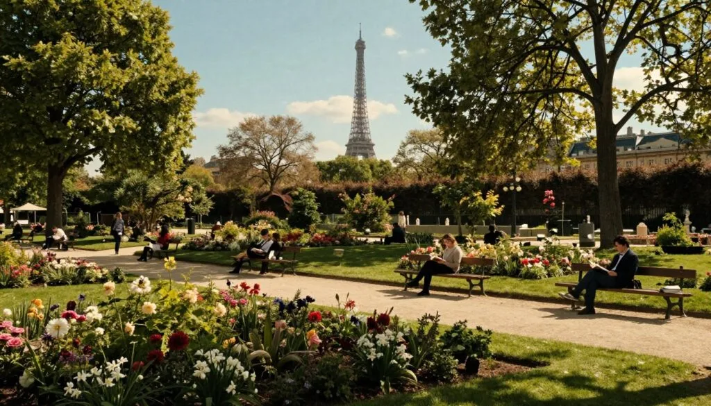 Malebná parížska záhrada na jar, bujná žiarivými kvetmi a zeleňou. V popredí je úhľadne upravený trávnik s ľuďmi v decentnom ležérnom oblečení relaxujúcimi na lavičkách, niektorí čítajú knihy. V strednej vrstve sa elegantný kamenný chodník vinie cez kvitnúce záhony s týčiacimi sa stromami poskytujúcimi škvrnitý tieň. V pozadí vykúka spomedzi stromov pod jasnou modrou oblohou ikonická silueta Eiffelovej veže. Scéna je zaliata teplým, zlatým svetlom, ktoré vytvára pokojnú a prívetivú atmosféru. Zachyťte zložité textúry lístia a kvetov parku vo vysokých detailoch so zameraním na filmový uhol, ktorý zdôrazňuje očarujúce čaro parku. Rozlíšenie 8k pre zvýšenú jasnosť a hĺbku.