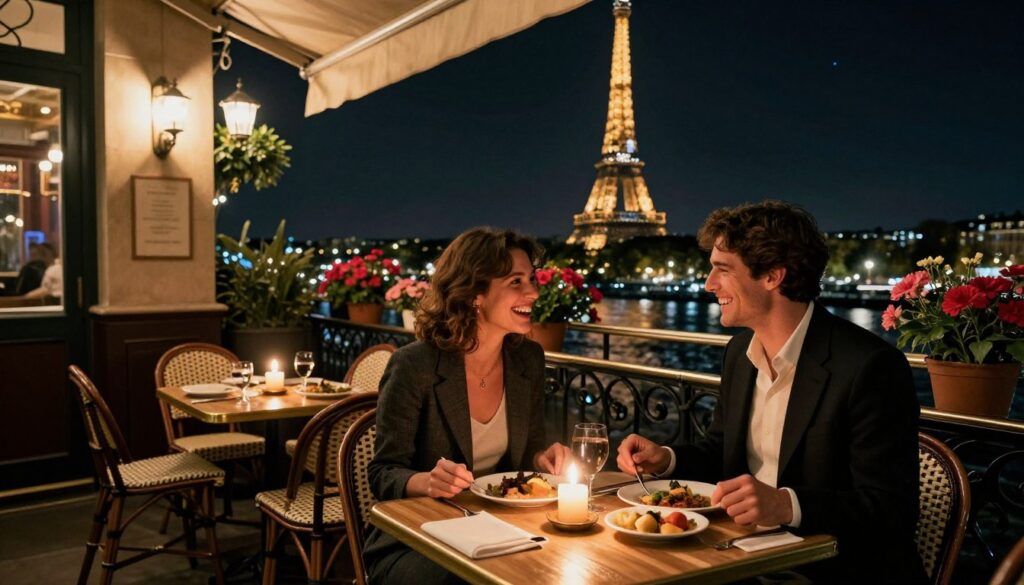 A picturesque Parisian restaurant at night, elegantly adorned with soft, ambient lighting and flickering candles on wooden tables. In the foreground, a couple dressed in smart casual attire enjoys a gourmet meal, their laughter and joyful expressions conveying a sense of intimacy and warmth. The middle ground reveals a charming bistro setting with wrought iron chairs and vibrant potted flowers, adding a touch of Parisian flair. In the background, the iconic silhouette of the Eiffel Tower sparkles against the night sky, illuminated by gentle stars. The scene is captured in a cinematic style, highlighting the highly detailed textures of the restaurant’s decor and the food, presented beautifully on plates, all in stunning 8k resolution, creating an inviting and romantic atmosphere for late-night dining.