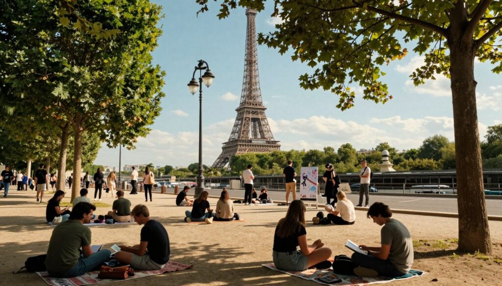 A picturesque budget day in Paris, showcasing a vibrant scene in a bustling park. In the foreground, a diverse group of travelers, dressed in modest casual clothing, is engaged in activities like picnicking and reading. The middle ground features iconic Parisian landmarks, such as the Eiffel Tower and street artists painting, framed by lush green trees. The background reveals a clear blue sky, with soft, golden sunlight filtering through the branches, creating a warm and inviting atmosphere. The composition captures the essence of a leisurely, budget-friendly day, encouraging exploration and enjoyment. The image should emphasize a raw photograph style, with highly detailed textures and 8k resolution, enhanced by cinematic lighting that highlights the beauty and charm of Paris.