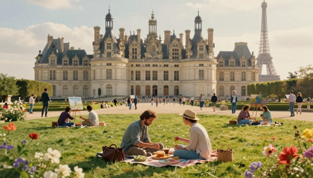 A picturesque day trip scene capturing the essence of royal splendor and impressionist art in Paris. In the foreground, a couple in modest casual clothing enjoys a quaint picnic on a lush green lawn, surrounded by blooming flowers. The middle of the image showcases a grand château with ornate architecture, glistening under bright sunlight, reminiscent of the Palace of Versailles. Artists can be seen painting the stunning scenery, reflecting the impressionist style. In the background, the iconic Eiffel Tower can be faintly seen, shrouded in a soft, golden haze, suggesting a warm afternoon glow. The ambiance is lively yet serene, evoking a sense of wonder and exploration. The image is shot with a 35mm fast prime lens, emphasizing rich colors and vivid detail, with a hyperrealistic style infused with elements of chaotic beauty.