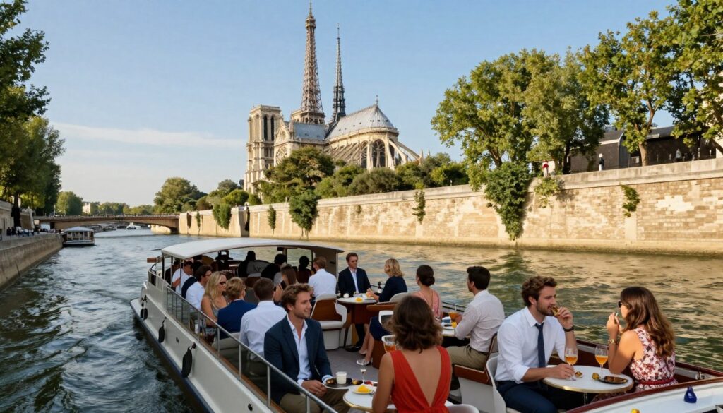 A picturesque daytime Seine River cruise in Paris, showcasing a luxurious boat gliding smoothly along the water. In the foreground, elegantly dressed passengers—men in smart casual attire and women in stylish summer dresses—enjoy the scenic views while sipping beverages. The middle ground features iconic Parisian landmarks such as the Eiffel Tower and Notre-Dame Cathedral, bathed in warm sunlight, surrounded by lush green trees lining the riverbanks. In the background, a clear blue sky adds to the serene atmosphere. The scene is captured with a 35mm fast prime lens, emphasizing the vibrant colors and details, creating a hyperrealistic effect that evokes a sense of adventure and leisure on the Seine. The overall mood is cheerful and inviting, perfect for a leisurely sightseeing experience.