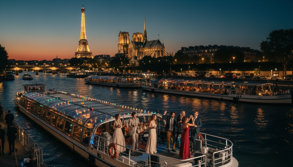 A picturesque evening scene along the Seine River in Paris, featuring elegantly lit river cruise boats adorned with colorful lights, creating a vibrant atmosphere of entertainment. In the foreground, passengers clad in stylish, modest clothing are enjoying live music and performances on the deck, exuding joy and excitement. The middle of the scene showcases the graceful boats gliding across the water, with a backdrop of iconic Parisian landmarks like the Eiffel Tower and Notre-Dame, illuminated against the twilight sky. The background captures the warm glow of city lights reflecting on the river. The image embodies a lively nightlife vibe, with cinematic lighting highlighting details of the river, boats, and the stunning architecture. Shot in 8k resolution, focusing on intricate textures and the enchanting ambiance of Paris at night.