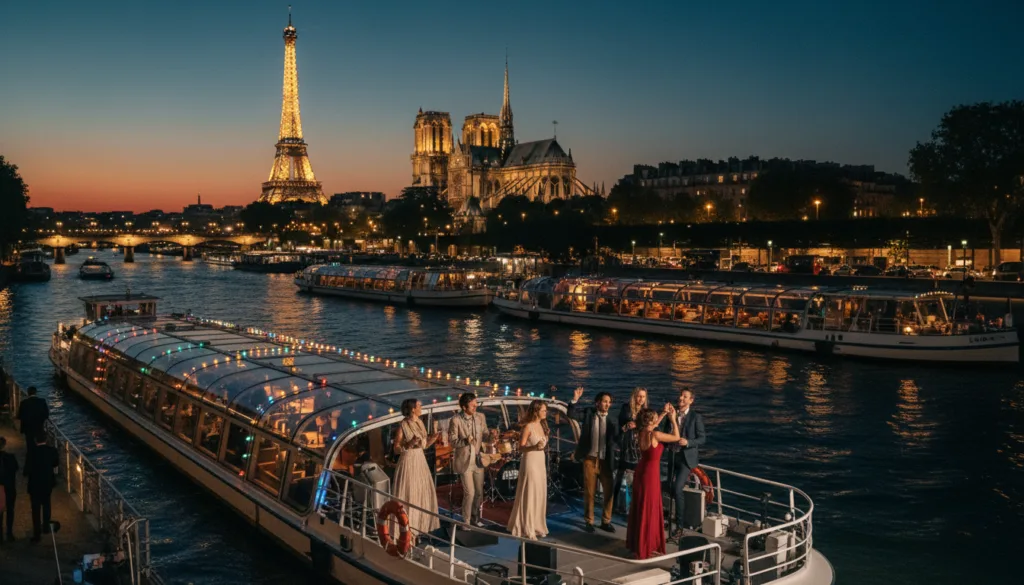 Une scène pittoresque en soirée sur la Seine à Paris, où des bateaux de croisière élégamment illuminés de mille feux créent une ambiance festive et animée. Au premier plan, des passagers vêtus avec style et sobriété profitent de concerts et de spectacles sur le pont, rayonnants de joie et d'enthousiasme. Au centre, les bateaux glissent avec grâce sur l'eau, avec en toile de fond les monuments emblématiques parisiens tels que la Tour Eiffel et Notre-Dame, illuminés par le crépuscule. L'arrière-plan capture la douce lueur des lumières de la ville se reflétant sur le fleuve. L'image capture l'atmosphère vibrante de la vie nocturne parisienne, avec un éclairage cinématographique mettant en valeur les détails du fleuve, des bateaux et de l'architecture remarquable. Filmée en résolution 8K, elle met l'accent sur les textures complexes et l'ambiance enchanteresse du Paris nocturne. Une scène pittoresque en soirée sur la Seine à Paris, où des bateaux de croisière élégamment illuminés de mille feux créent une ambiance festive et animée. Au premier plan, des passagers vêtus avec style et sobriété profitent de concerts et de spectacles sur le pont, rayonnants de joie et d'enthousiasme. Au centre, les bateaux glissent avec grâce sur l'eau, avec en toile de fond les monuments emblématiques parisiens tels que la Tour Eiffel et Notre-Dame, illuminés par le crépuscule. L'arrière-plan capture la douce lueur des lumières de la ville se reflétant sur le fleuve. L'image capture l'atmosphère vibrante de la vie nocturne parisienne, avec un éclairage cinématographique mettant en valeur les détails du fleuve, des bateaux et de l'architecture remarquable. Filmée en résolution 8K, elle met l'accent sur les textures complexes et l'ambiance enchanteresse du Paris nocturne.