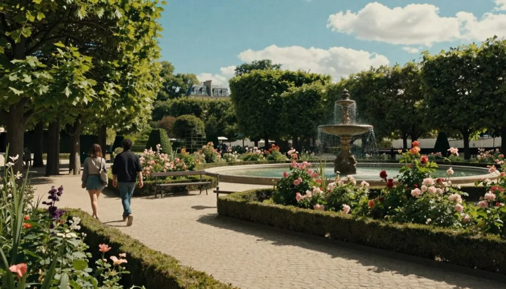 Una pintoresca escena de un jardín parisino, con un exuberante parque rodeado de encantadoras plantas en flor y setos cuidadosamente recortados. En primer plano, una pareja con ropa informal y modesta pasea por un sinuoso sendero empedrado, admirando las vibrantes flores. En segundo plano, elegantes bancos ofrecen lugares de descanso bajo la sombra de altos y frondosos árboles. Al fondo, una clásica fuente parisina, con delicadas gotas de agua que reflejan la suave luz del sol. El cielo, de un azul brillante y con tenues nubes blancas, crea una atmósfera serena y acogedora. La composición captura una armoniosa fusión de naturaleza y elegancia urbana, iluminada por una cálida iluminación cinematográfica. Tomada en resolución 8k con texturas muy detalladas, esta fotografía natural evoca una sensación de paz y belleza en una de las joyas ocultas de París.