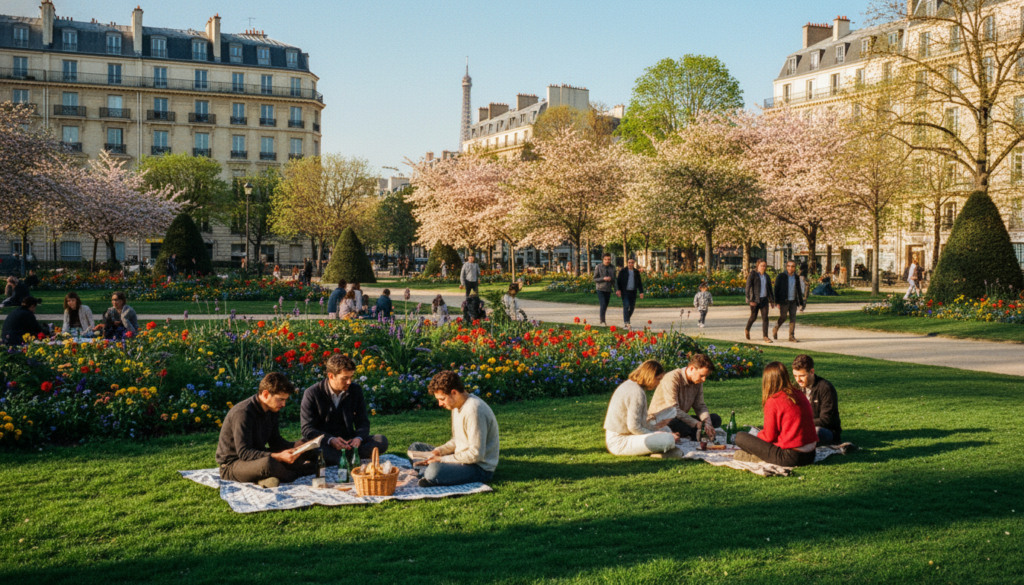 A picturesque scene in a Parisian park during a sunny afternoon, featuring lush green lawns, vibrant flower beds, and elegantly manicured hedges. In the foreground, visitors dressed in modest casual clothing are lounging on picnic blankets, reading books, and enjoying refreshments. The middle ground showcases a charming walking path lined with blooming trees, with people strolling and chatting amicably. In the background, iconic Parisian architecture peeks through the trees, emphasizing the city’s charm. The sunlight filters through the foliage, creating a warm, inviting atmosphere, with soft shadows adding depth. The image is captured with a wide-angle lens, emphasizing the sprawling beauty of the park, rendered in high detail and vibrant colors, achieving an 8k resolution. A picturesque scene in a Parisian park during a sunny afternoon, featuring lush green lawns, vibrant flower beds, and elegantly manicured hedges. In the foreground, visitors dressed in modest casual clothing are lounging on picnic blankets, reading books, and enjoying refreshments. The middle ground showcases a charming walking path lined with blooming trees, with people strolling and chatting amicably. In the background, iconic Parisian architecture peeks through the trees, emphasizing the city’s charm. The sunlight filters through the foliage, creating a warm, inviting atmosphere, with soft shadows adding depth. The image is captured with a wide-angle lens, emphasizing the sprawling beauty of the park, rendered in high detail and vibrant colors, achieving an 8k resolution.