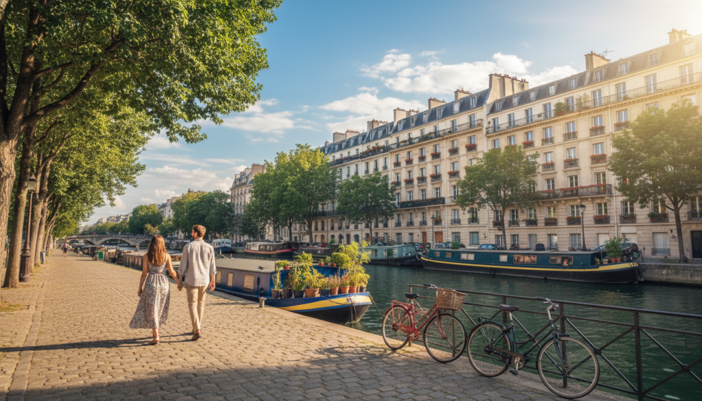 A picturesque scene of Canal Saint-Martin in Paris, showcasing a charming waterway lined with tree-lined banks and quaint cafes. In the foreground, a couple dressed in modest casual clothing strolls hand in hand along the cobblestone path, enjoying the serene atmosphere. The middle ground features bicycles parked beside the canal, as vibrant houseboats float lazily on the water. In the background, traditional Parisian buildings with balconies adorned with flowers provide a captivating view under a bright blue sky, with fluffy white clouds drifting by. Soft sunlight illuminates the scene, creating a warm and inviting mood, while a slight lens flare adds an artistic touch. Capture this serene moment at eye level for a relatable, immersive experience.