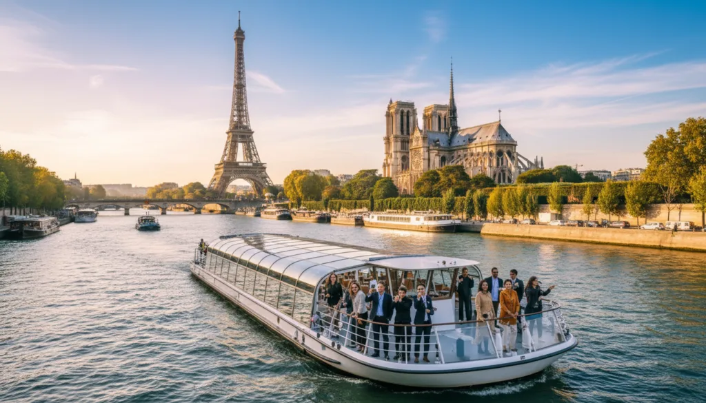 Una escena pintoresca d'un creuer pel riu Sena a París, amb elegants vaixells que es llisquen per l'aigua brillant sota un cel blau radiant. En primer pla, es pot veure un vaixell modern ple de passatgers diversos amb roba professional i informal, gaudint de les vistes pintoresques. El centre presenta monuments emblemàtics com la Torre Eiffel i Notre-Dame, banyats per la càlida llum del sol. Al fons, arbres vibrants voregen les ribes del riu, i comença a aparèixer un toc de colors de la posta de sol, reflectint-se a la superfície de l'aigua, creant una atmosfera tranquil·la i acollidora. La imatge s'ha capturat amb un objectiu gran angular per emfatitzar la grandesa del paisatge parisenc, amb una il·luminació natural suau que millora l'ambient serè d'una experiència de creuer diürn. Una escena pintoresca d'un creuer pel riu Sena a París, amb elegants vaixells que es llisquen per l'aigua brillant sota un cel blau radiant. En primer pla, es pot veure un vaixell modern ple de passatgers diversos amb roba professional i informal, gaudint de les vistes pintoresques. El centre presenta monuments emblemàtics com la Torre Eiffel i Notre-Dame, banyats per la càlida llum del sol. Al fons, arbres vibrants voregen les ribes del riu, i comença a aparèixer un toc de colors de la posta de sol, reflectint-se a la superfície de l'aigua, creant una atmosfera tranquil·la i acollidora. La imatge s'ha capturat amb un objectiu gran angular per emfatitzar la grandesa del paisatge parisenc, amb una il·luminació natural suau que millora l'ambient serè d'una experiència de creuer diürn.