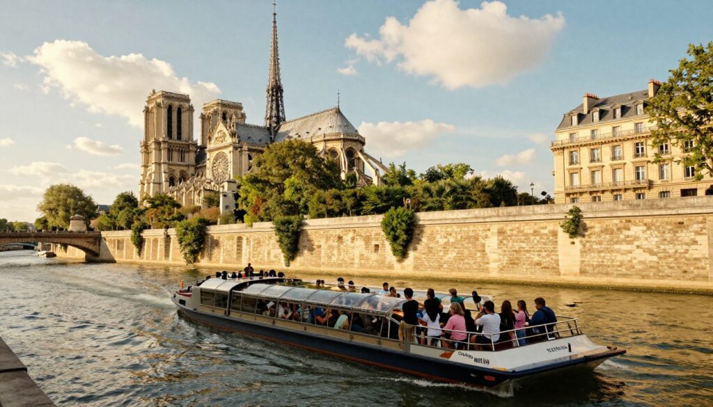 A picturesque scene of a boat tour along the Seine River in Paris, showcasing a scenic view of iconic landmarks such as the Eiffel Tower and Notre-Dame Cathedral in the background. In the foreground, a charming glass-topped boat filled with diverse tourists of various backgrounds is gliding smoothly through the shimmering waters. The passengers, dressed in modest casual clothing, are taking photos and enjoying the scenic beauty. The middle ground features lush green banks with trees and historic buildings that evoke the romantic essence of Paris. The sky is a soft blue, dotted with fluffy clouds, with warm, golden hour lighting casting a magical glow. The image should have highly detailed textures, capturing the vibrant colors of the city, in stunning 8k resolution. A picturesque scene of a boat tour along the Seine River in Paris, showcasing a scenic view of iconic landmarks such as the Eiffel Tower and Notre-Dame Cathedral in the background. In the foreground, a charming glass-topped boat filled with diverse tourists of various backgrounds is gliding smoothly through the shimmering waters. The passengers, dressed in modest casual clothing, are taking photos and enjoying the scenic beauty. The middle ground features lush green banks with trees and historic buildings that evoke the romantic essence of Paris. The sky is a soft blue, dotted with fluffy clouds, with warm, golden hour lighting casting a magical glow. The image should have highly detailed textures, capturing the vibrant colors of the city, in stunning 8k resolution.