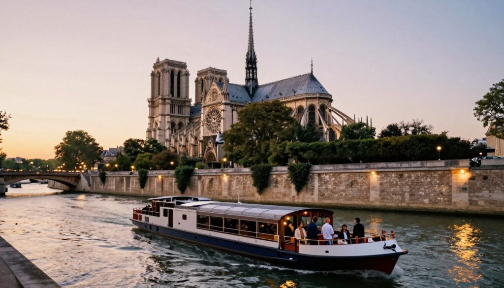 A picturesque scene of a romantic Seine River cruise in Paris, captured during the golden hour. In the foreground, a beautifully decorated boat glides gently along the water, with couples enjoying the view, dressed in stylish casual clothing. In the middle ground, the iconic Notre-Dame Cathedral stands majestically on the riverbank, surrounded by lush greenery and elegantly lit historic buildings. The background is filled with the soft glow of Parisian street lamps reflecting off the river's surface, under a serene pastel sky. The image should be rendered in ultra-detailed 8k resolution, emphasizing the textures of the boat and rippling water, with cinematic lighting that creates a warm, inviting atmosphere.