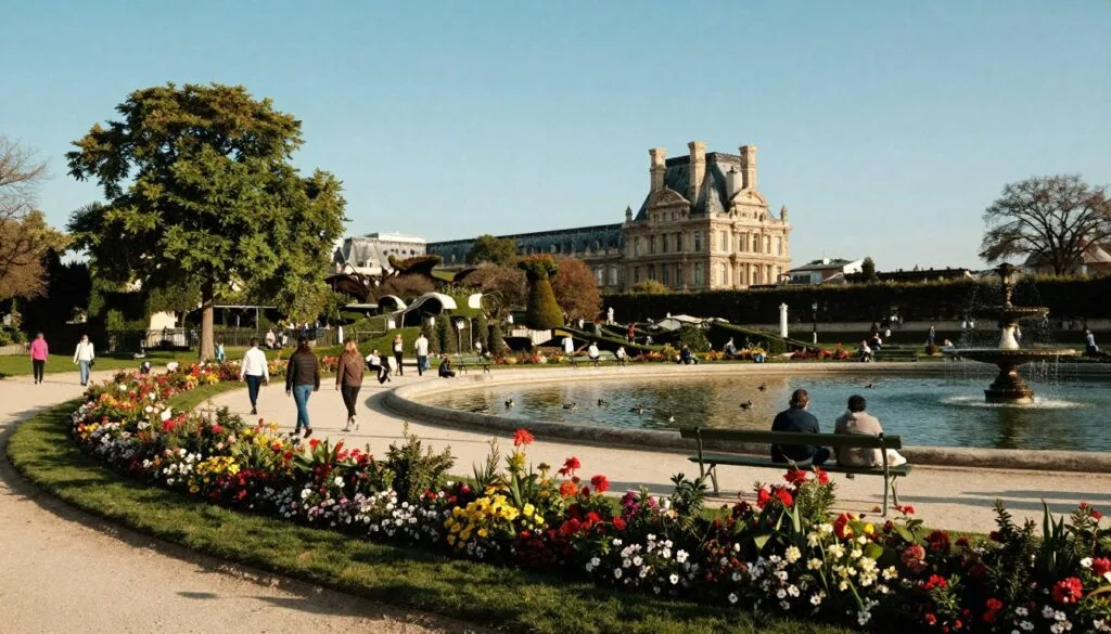 Une scène pittoresque d'un parc parisien, avec ses jardins verdoyants, ses parterres fleuris éclatants et ses charmantes allées. Au premier plan, un massif de fleurs magnifiquement entretenu déborde de couleurs chatoyantes, tandis que des promeneurs, vêtus de tenues décontractées, flânent tranquillement. Au second plan, un étang paisible abrite des canards glissant sur l'eau, entouré de bancs où les visiteurs peuvent se détendre. À l'arrière-plan, l'architecture parisienne emblématique se dessine à travers les arbres sous un ciel d'un bleu limpide. La photo, prise à la lumière dorée du crépuscule, crée des tons chauds et des ombres douces, renforçant l'atmosphère sereine. Réalisée avec un objectif grand angle, cette photographie d'une résolution 8K, d'une grande précision, restitue toute la beauté et le charme des parcs et jardins parisiens. Une scène pittoresque d'un parc parisien, avec ses jardins verdoyants, ses parterres fleuris éclatants et ses charmantes allées. Au premier plan, un massif de fleurs magnifiquement entretenu déborde de couleurs chatoyantes, tandis que des promeneurs, vêtus de tenues décontractées, flânent tranquillement. Au second plan, un étang paisible abrite des canards glissant sur l'eau, entouré de bancs où les visiteurs peuvent se détendre. À l'arrière-plan, l'architecture parisienne emblématique se dessine à travers les arbres sous un ciel d'un bleu limpide. La photo, prise à la lumière dorée du crépuscule, crée des tons chauds et des ombres douces, renforçant l'atmosphère sereine. Réalisée avec un objectif grand angle, cette photographie d'une résolution 8K, d'une grande précision, restitue toute la beauté et le charme des parcs et jardins parisiens.