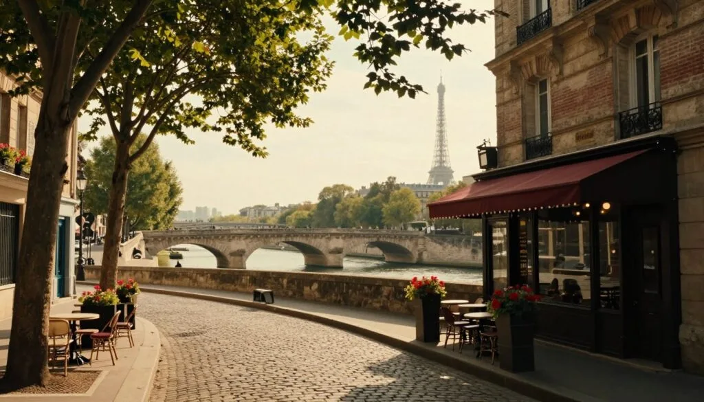 Una pintoresca escena de calles históricas, puentes y encantadores callejones parisinos. En primer plano, senderos adoquinados serpentean entre la sombra de los árboles, conduciendo a pintorescos cafés con terrazas adornadas con coloridas macetas. En segundo plano, un elegante puente de piedra se arquea sobre un río de suave corriente, flanqueado por encantadores edificios que muestran la arquitectura clásica francesa. Al fondo, un horizonte ligeramente difuso, que insinúa la icónica Torre Eiffel, bañado por la cálida luz dorada que realza las texturas de las piedras y ladrillos antiguos. El ambiente es sereno y acogedor, con sombras suaves y un toque de romance, creando una atmósfera atemporal. Grabado en resolución 8k con iluminación cinematográfica para resaltar los encantadores detalles sin incluir personas ni texto.