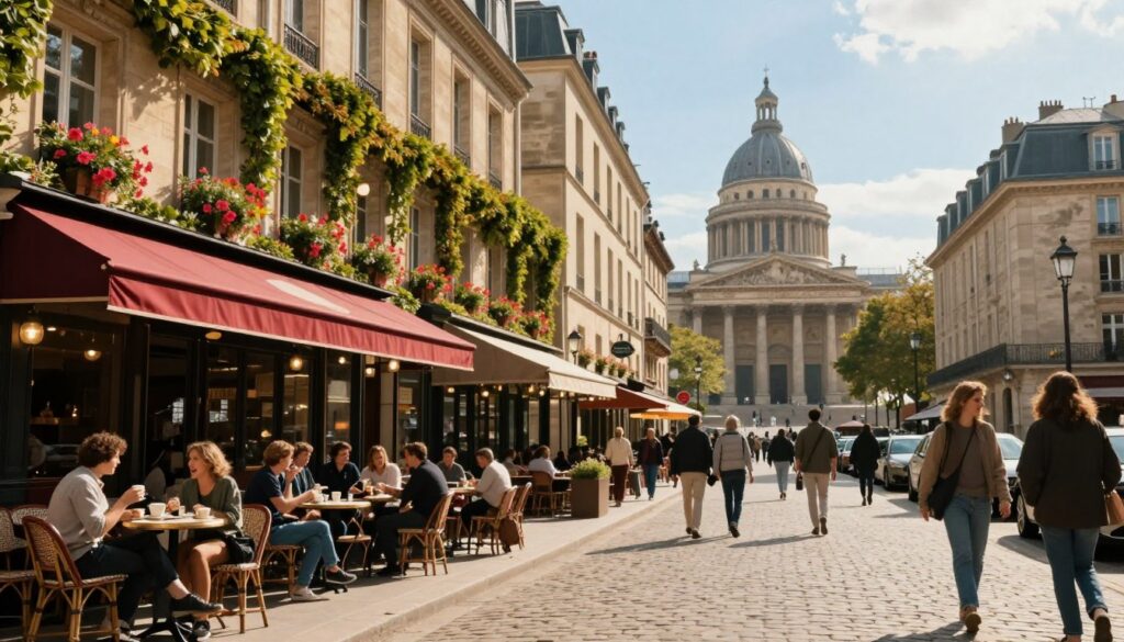A picturesque scene of the Latin Quarter in Paris, bustling with life. In the foreground, a charming cobblestone street lined with outdoor cafés, where patrons enjoy coffee, and laughter echoes. People dressed in modest casual clothing engage in conversation. In the middle ground, historic buildings with ivy-covered facades and colorful awnings create a warm atmosphere. Vibrant flowers spill from window boxes, adding a touch of nature. The background features the iconic silhouette of the Panthéon rising majestically against a clear blue sky. The image is infused with soft, golden sunlight, casting inviting shadows, captured through a 35mm fast prime lens to enhance detail and depth, creating a hyperrealistic effect with a sense of local charm and intimacy.