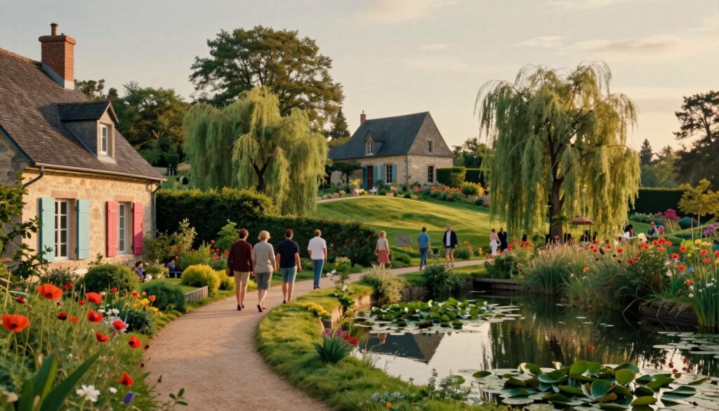 A picturesque scene showcasing a day trip destination from Paris, centered on the lush, rolling hills of Giverny, adorned with vibrant flowers and charming pathways. In the foreground, a quaint French cottage with colorful shutters and a well-tended garden invites the viewer to explore. The middle ground features visitors, dressed in modest casual clothing, strolling along a serene pond filled with lily pads, reflecting the soft, golden hues of the afternoon sun. In the background, the iconic Impressionist art studio stands, framed by weeping willows and poppies swaying gently in the breeze. The composition is captured with cinematic lighting, highlighting the textures of nature and architecture, rendered in 8k resolution, conveying a warm and inviting atmosphere that inspires travel and exploration.